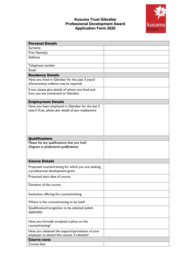 KTGib - Professional Development Award Application form 2026